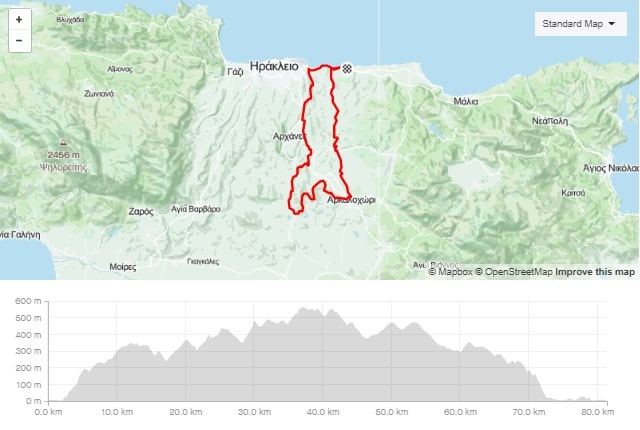 Arkalochori Archanes Karteros road bike tour start from kokkini chani Crete map and elevation-min