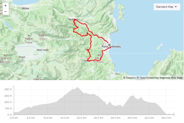 Lato long road bike route from Agios Nikolaos Crete bike rental rennrad verleih Kreta map of the tour-min