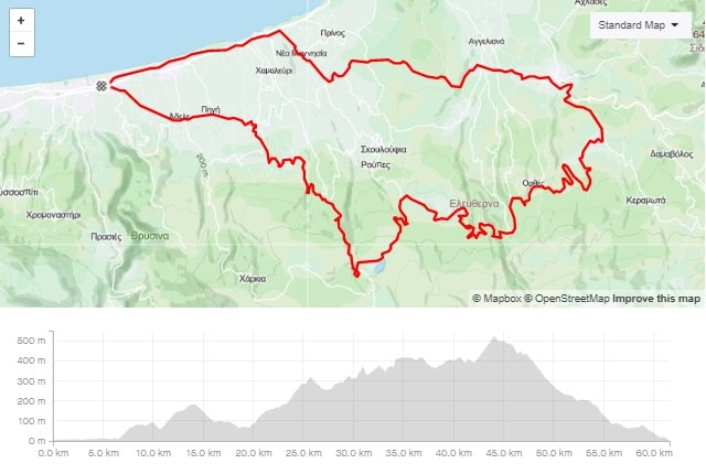 Perama Prines Arkadi road bike tour start from Rethymno map and elevation-min